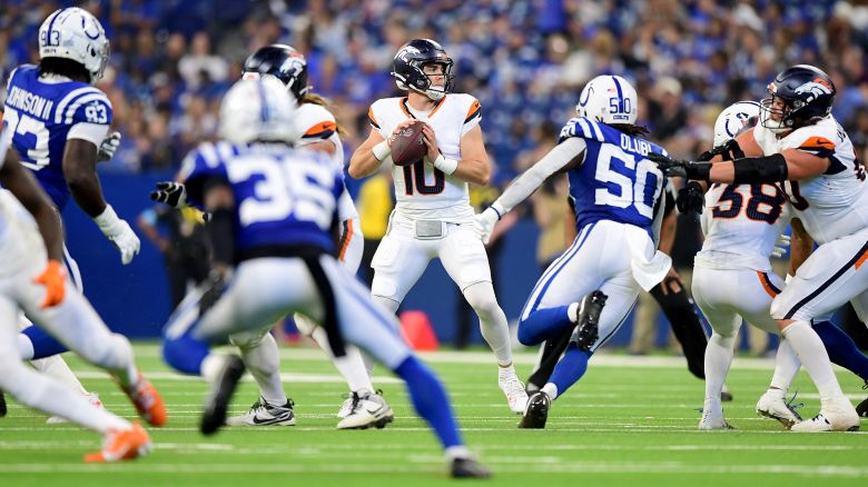 Bo Nix drops back to pass during the first half of the Denver Broncos' preseason game against the Indianapolis Colts.