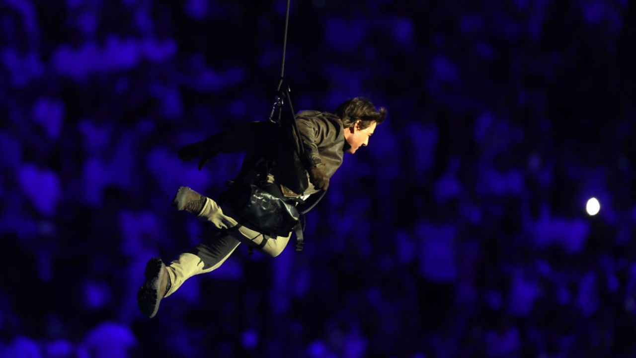 PARIS, FRANCE - AUGUST 11: Tom Cruise enters the stadium during the Closing Ceremony of the Olympic Games Paris 2024 at Stade de France on August 11, 2024 in Paris, France. (Photo by Steph Chambers/Getty Images)