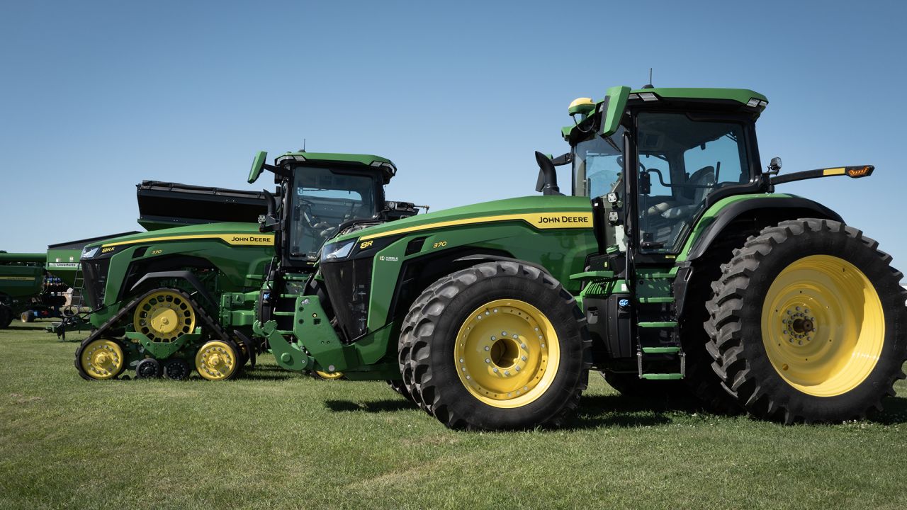 John Deere farm equipment is offered for sale at a dealership on August 10, 2024 in Osage Iowa.