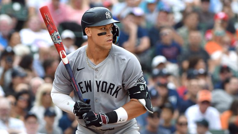 Aaron Judge #99 of the New York Yankees uses a custom Chandler bat to honor his former college team, the Fresno State Bulldogs, while batting during the MLB Players' Weekend game against the Detroit Tigers at Comerica Park on August 17, 2024 in Detroit, Michigan.