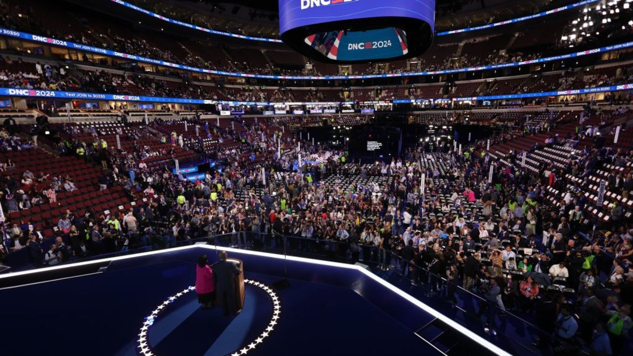 CHICAGO, ILLINOIS - AUGUST 19:   Minyon Moore (L), chair of the Democratic National Convention Committee and Jaime R. Harrison, chairman of the Democratic National Committee, open Day 1 of the Democratic National Convention (DNC) at the United Center on August 19, 2024 in Chicago, Illinois. The convention runs through August 22.  (Photo by Mike Segar-Pool/Getty Images)