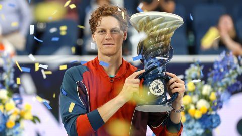 CINCINNATI, OH - AUGUST 19: Jannik Sinner of Italy poses with the Rookwood Cup after defeating Frances Tiafoe to win the final round of the Cincinnati Open on August 19, 2024, at the Lindner Family Tennis Center in Mason, OH. (Photo by Ian Johnson/Icon Sportswire via Getty Images)
