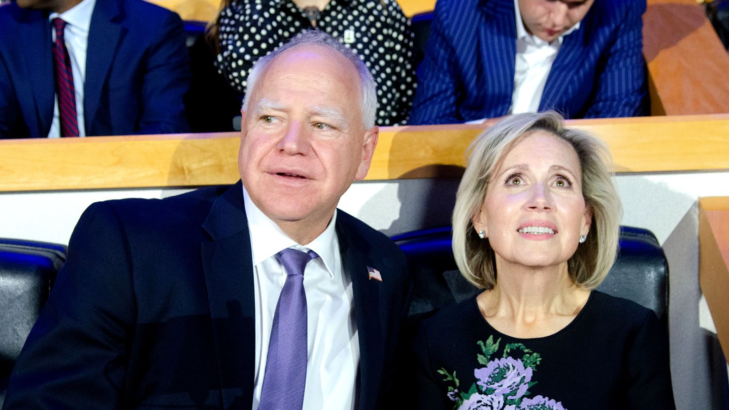 Democratic vice presidential candidate Minnesota Gov. Tim Walz, at left, and Minnesota First Lady Gwen Walz attend the first day of the Democratic National Convention at the United Center on August 19, 2024 in Chicago, Illinois.