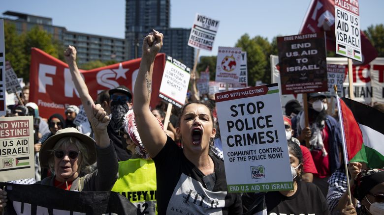 Pro-Palestinian demonstrators rally ahead of the Democratic National Convention (DNC) near the United Center in Chicago, Illinois, US on, August 19, 2024.