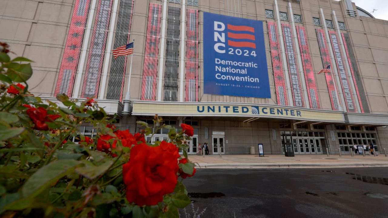 CHICAGO, ILLINOIS - AUGUST 15: Workers prepare the United Center for the start of the Democratic National Convention (DNC) on August 15, 2024 in Chicago, Illinois. The DNC runs from August 19-22. (Photo by Joe Raedle/Getty Images)