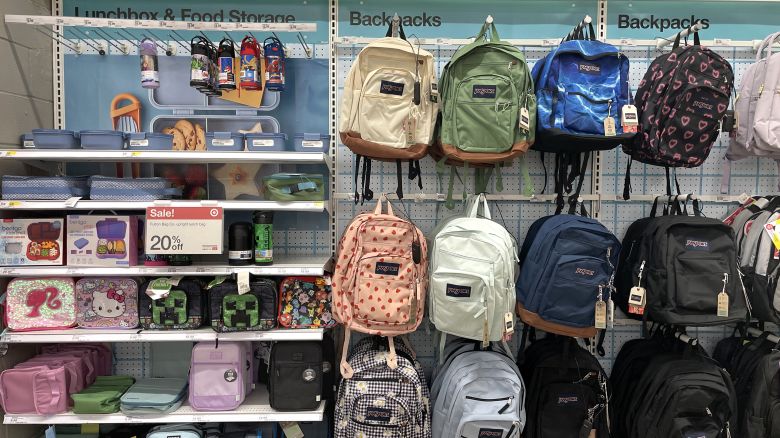 At Target in New York City, a variety of school supplies, including lunch boxes and backpacks in different colors and patterns, are on display for the upcoming school year.