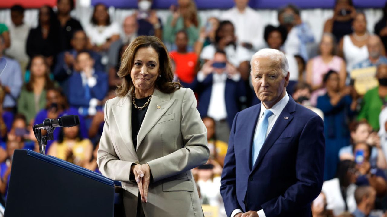 LARGO, MARYLAND - AUGUST 15: U.S. Vice President Kamala Harris gives remarks alongside U.S. President Joe Biden at Prince George’s Community College on August 15, 2024 in Largo, Maryland. Biden and Harris held the event to talk about their administration's efforts to lower drug costs. This event is the first time President Biden and Vice President Harris have appeared in public together since Biden announced he would be stepping down from running for re-election. (Photo by Anna Moneymaker/Getty Images)