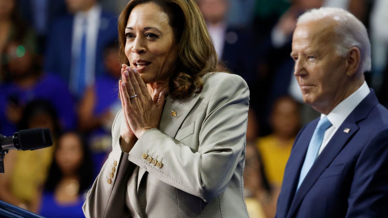 LARGO, MARYLAND - AUGUST 15: U.S. Vice President Kamala Harris gives remarks alongside U.S. President Joe Biden at Prince George’s Community College on August 15, 2024 in Largo, Maryland. Biden and Harris held the event to talk about their administration's efforts to lower drug costs. This event is the first time President Biden and Vice President Harris have appeared in public together since Biden announced he would be stepping down from running for re-election. (Photo by Anna Moneymaker/Getty Images)