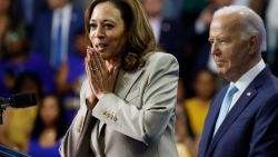 LARGO, MARYLAND - AUGUST 15: U.S. Vice President Kamala Harris gives remarks alongside U.S. President Joe Biden at Prince George’s Community College on August 15, 2024 in Largo, Maryland. Biden and Harris held the event to talk about their administration's efforts to lower drug costs. This event is the first time President Biden and Vice President Harris have appeared in public together since Biden announced he would be stepping down from running for re-election. (Photo by Anna Moneymaker/Getty Images)