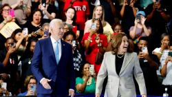 LARGO, MARYLAND - AUGUST 15: U.S. President Joe Biden and U.S. Vice President Kamala Harris walk onstage at Prince George’s Community College on August 15, 2024 in Largo, Maryland. Biden and Harris held the event to talk about their administration's efforts to lower drug costs. This event is the first time President Biden and Vice President Harris have appeared in public together since Biden announced he would be stepping down from running for re-election. (Photo by Anna Moneymaker/Getty Images)