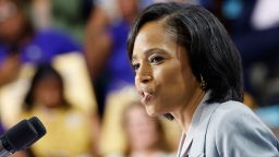 LARGO, MARYLAND - AUGUST 15: Prince Georges County Executive and Maryland U.S. Senate candidate Angela Alsobrooks gives remarks at an event for U.S President Joe Biden and U.S. Vice President Kamala Harris at Prince George’s Community College on August 15, 2024 in Largo, Maryland. Biden and Harris held the event to talk about their administration's efforts to lower drug costs. This event is the first time President Biden and Vice President Harris have appeared in public together since Biden announced he would be stepping down from running for re-election.