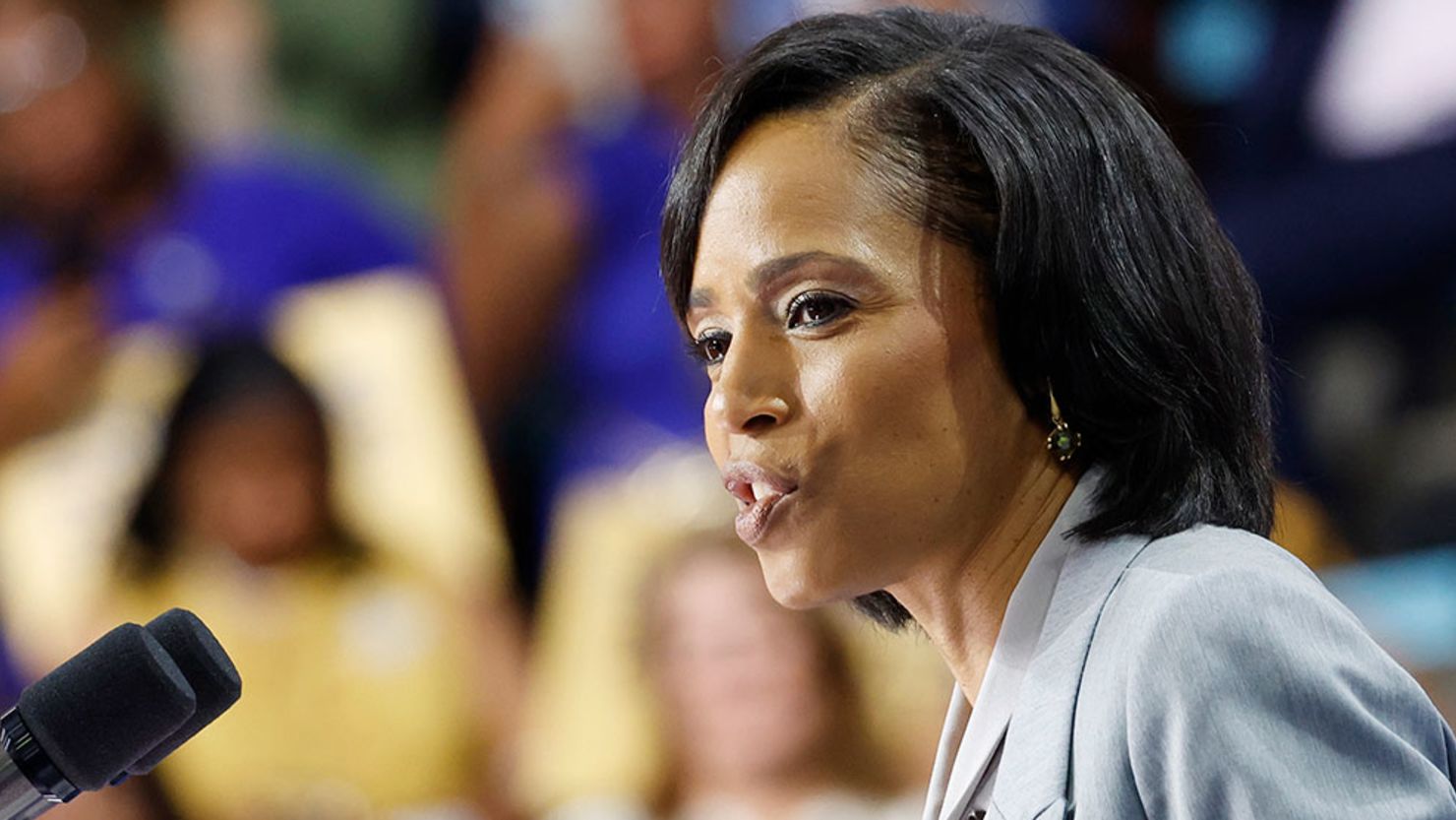 Prince George's County Executive Angela Alsobrooks, who's running for Senate, gives remarks at an event for President Joe Biden and Vice President Kamala Harris at Prince George’s Community College on August 15, 2024, in Largo, Maryland.