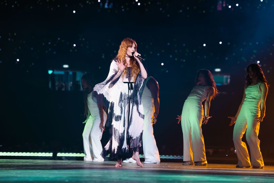 Florence Welch appeared onstage in a custom Del Core lace-trimmed dress during Swift's last performance at Wembley Stadium on August 20 in London.