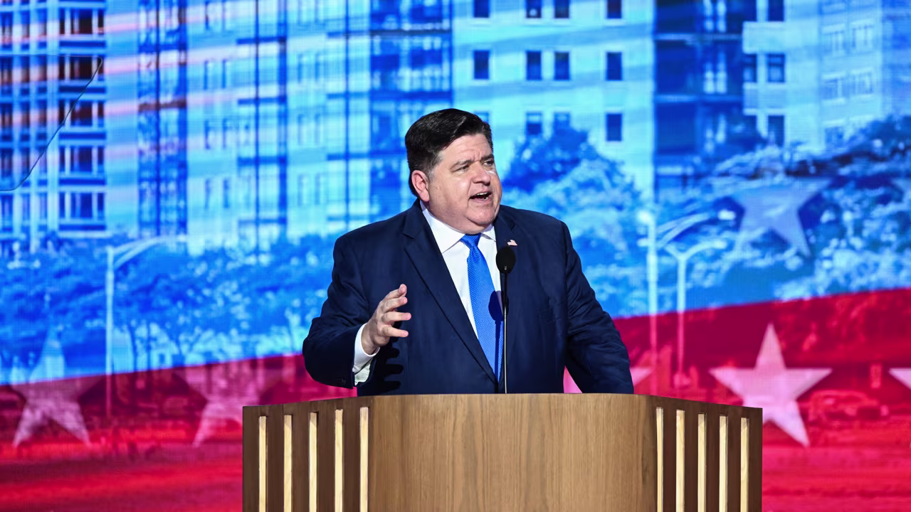 Illinois Gov. JB Pritzker speaks at the Democratic National Convention in Chicago on August 20.