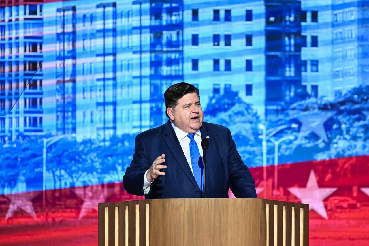 Illinois Gov. JB Pritzker speaks at the Democratic National Convention in Chicago on August 20.