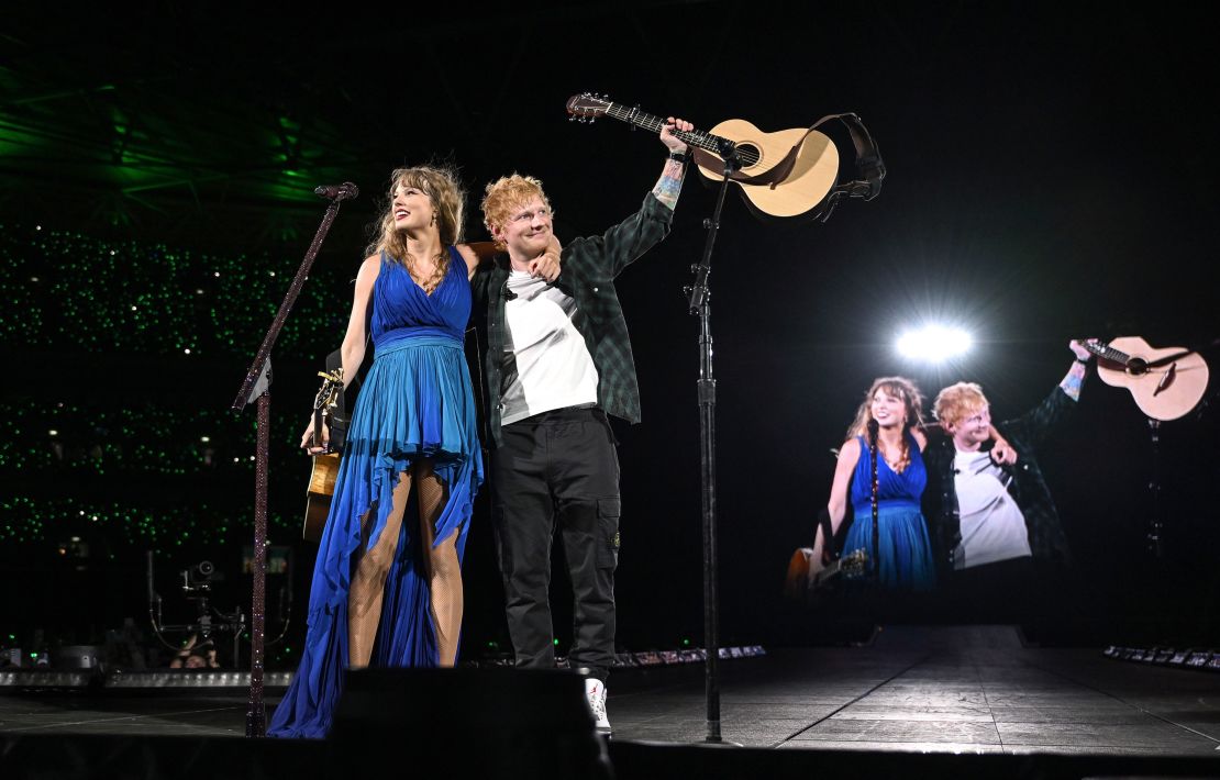 Taylor Swift and Ed Sheeran perform onstage during the Eras Tour at Wembley Stadium on August 15, 2024 in London, England.