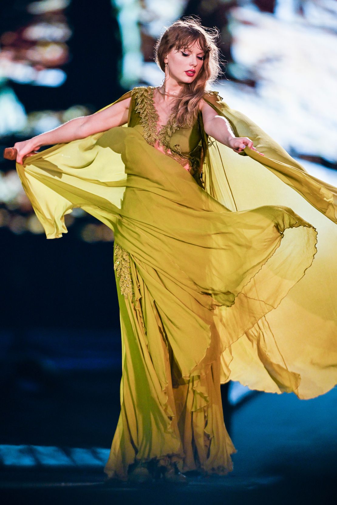 At Wembley Stadium in London on August 15, Swift wore a green embroidered dress by Alberta Ferretti.