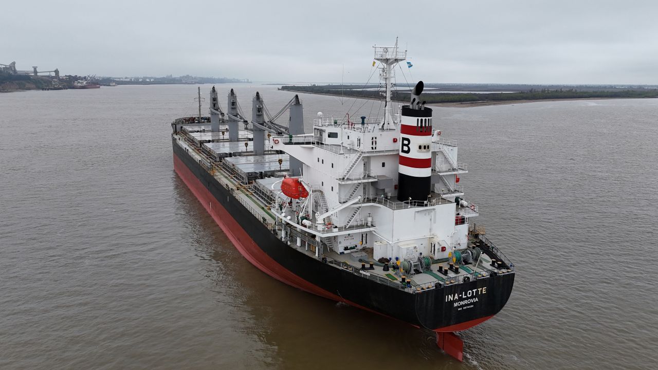 Aerial view of the bulk carrier Ina-Lotte of Liberian flag anchored near San Lorenzo harbor, Santa Fe province, Argentina, on August 21, 2024, after a crew member was reported with symptoms compatible with mpox disease. Argentine health authorities ordered the isolation of a cargo ship from Brazil in the Paraná River after a crew member was reported with symptoms compatible with mpox disease, said Analía Chumpitaz, director of Health Promotion and Prevention of the province of Santa Fe, on Wednesday. (Photo by MAGALI CERVANTES / AFP) (Photo by MAGALI CERVANTES/AFP via Getty Images)