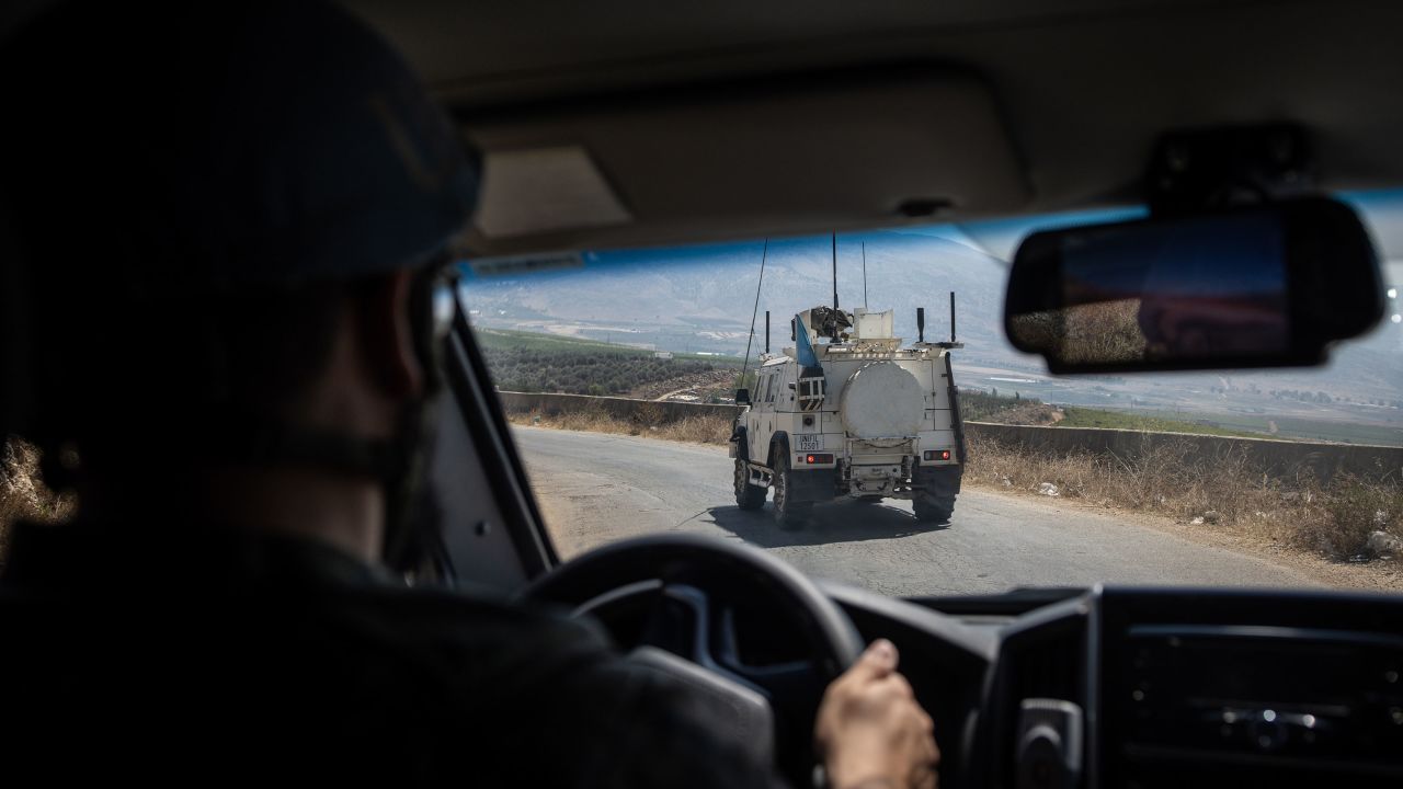 UN peacekeepers from a Spanish brigade of UNIFIL patrol near the Blue Line on August 16 in Kafarkila, Lebanon.