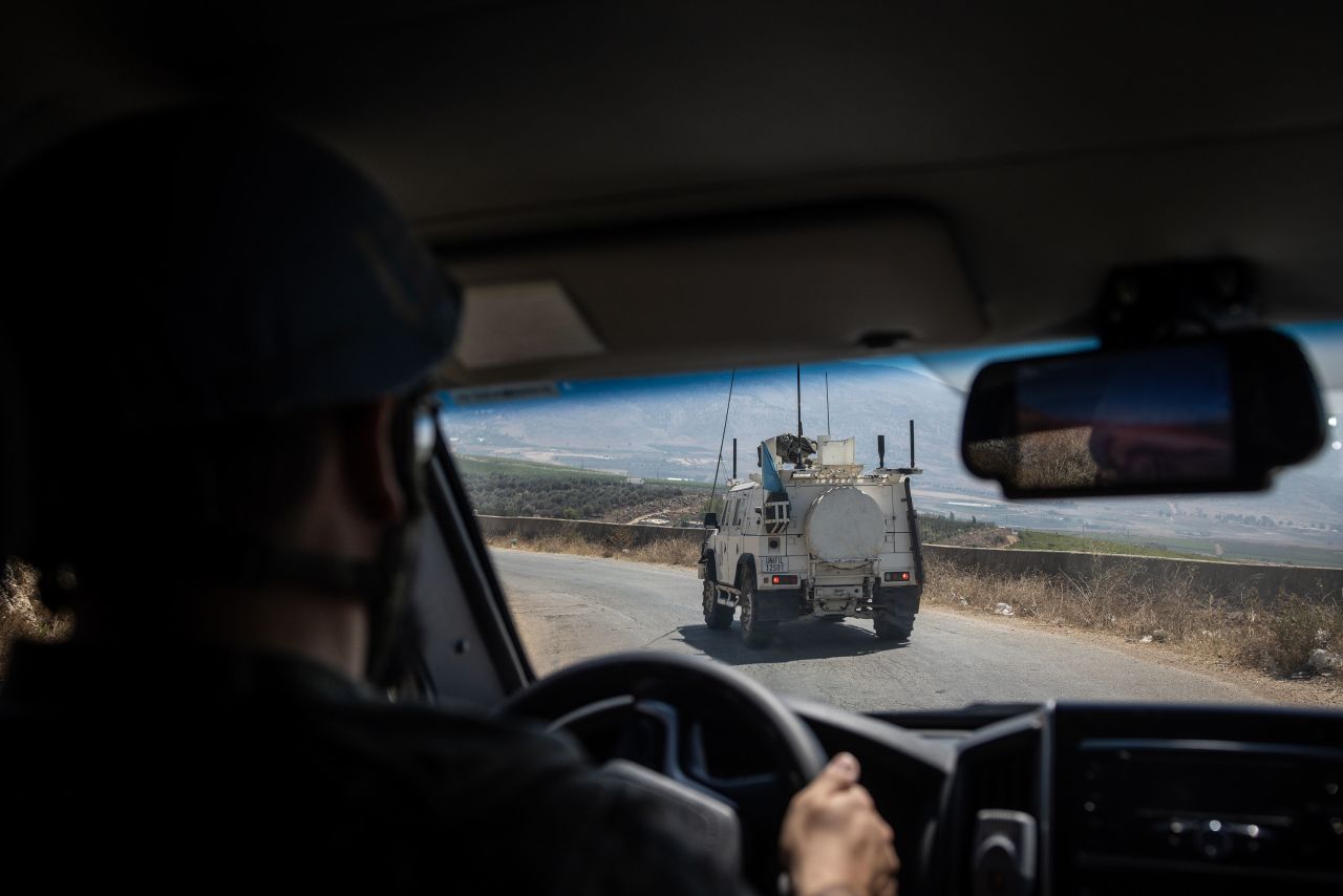 Peacekeepers from the United Nations Interim Force in Lebanon (UNIFIL) patrol near the Blue Line in Kafarkila, Lebanon, on August 16.