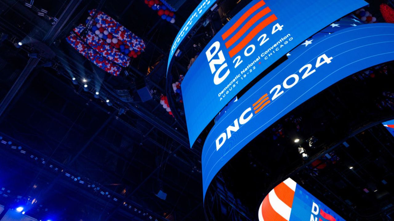 CHICAGO, ILLINOIS - AUGUST 16: A scoreboard displays 'DNC 2024' ahead of the Democratic National Convention (DNC) at the United Center on August 16, 2024 in Chicago, Illinois. The United Center will host the DNC, which is officially scheduled to kick off on Monday, August 19 and run through Thursday, August 22.  (Photo by Brandon Bell/Getty Images)