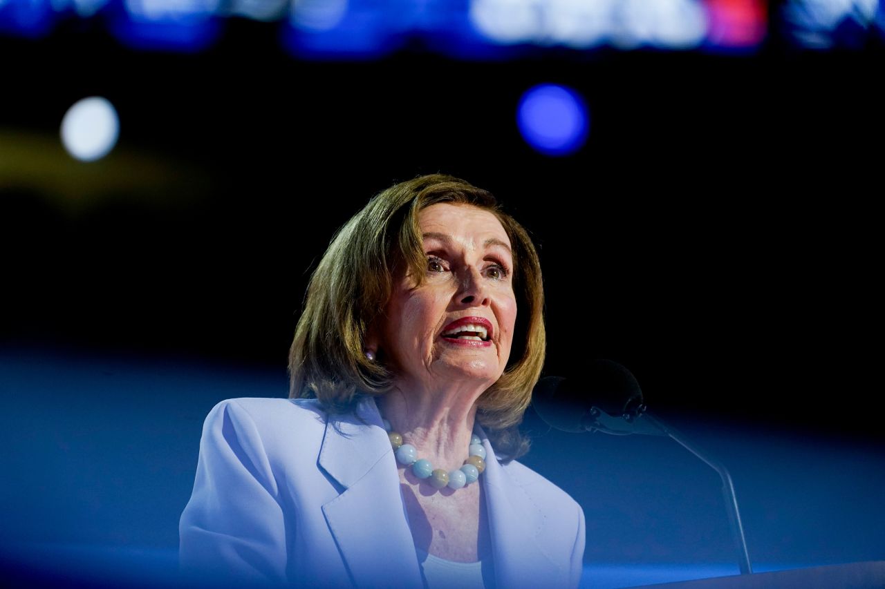 Representative Nancy Pelosi, a Democrat from California, speaks during the Democratic National Convention (DNC) at the United Center in Chicago, Illinois, US, on Wednesday, Aug. 21, 2024. The Democratic National Convention this week marks the ceremonial crowning of Vice President Kamala Harris and Minnesota Governor Tim Walz as the party's presidential nominees, capping off a whirlwind month for Democrats who quickly coalesced behind the new ticket after President Joe Biden dropped out of the race in July. Photographer: Al Drago/Bloomberg via Getty Images