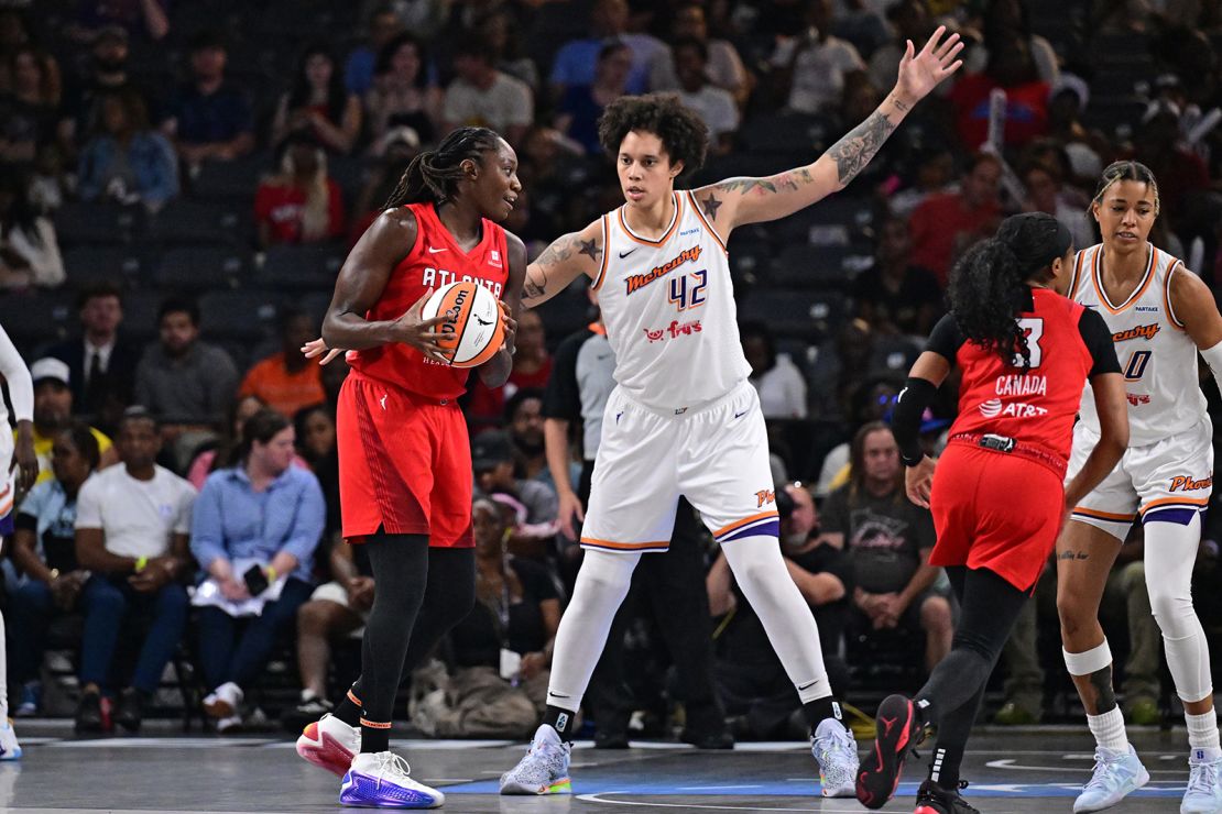 Tina Charles #31 of the Atlanta Dream controls the ball during the game against the Phoenix Mercury on August 21, 2024 at the Gateway Center Arena at College Park in Atlanta, Georgia.