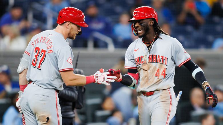 TORONTO, CANADA - AUGUST 21: Elly De La Cruz #44 of the Cincinnati Reds celebrates with Tyler Stephenson #37 after De La Cruz hits a solo home run in the eighth inning against the Toronto Blue Jays at Rogers Centre on August 21, 2024 in Toronto, Ontario, Canada. (Photo by Cole Burston/Getty Images)