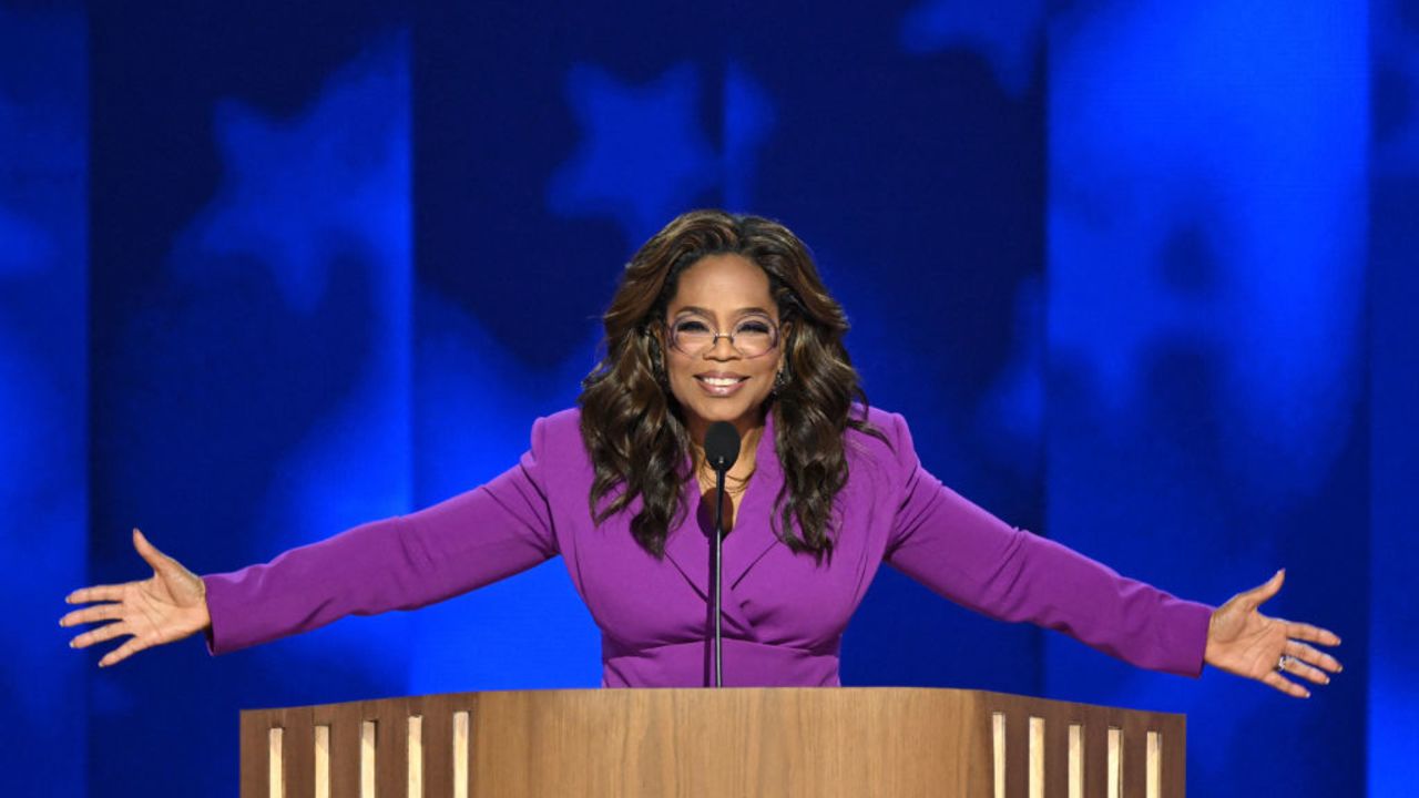 TOPSHOT - US television host and producer Oprah Winfrey speaks on the third day of the Democratic National Convention (DNC) at the United Center in Chicago, Illinois, on August 21, 2024. Vice President Kamala Harris will formally accept the party's nomination for president at the DNC which runs from August 19-22 in Chicago. (Photo by Mandel NGAN / AFP) (Photo by MANDEL NGAN/AFP via Getty Images)