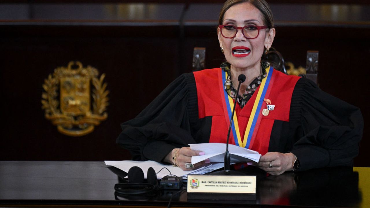 Venezuelan Supreme Court of Justice (TSJ) President Caryslia Rodriguez delivers a statement by the Supreme Court of Venezuela on the results of the country's presidential election at the TSJ building in Caracas on August 22, 2024. Venezuela's Supreme Court, which observers say is loyal to the government of President Nicolas Maduro, on Thursday declared him the winner of the disputed July 28 election amid opposition claims of widespread vote fraud. (Photo by Federico PARRA / AFP) (Photo by FEDERICO PARRA/AFP via Getty Images)