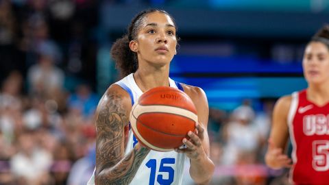 Gabby Williams #15 of Team France at the free throw line during the United States of America v France, Women's Basketball Gold Medal Game at the Bercy Arena during the Paris 2024 Summer Olympic Games on August 11, 2024 in Paris, France.