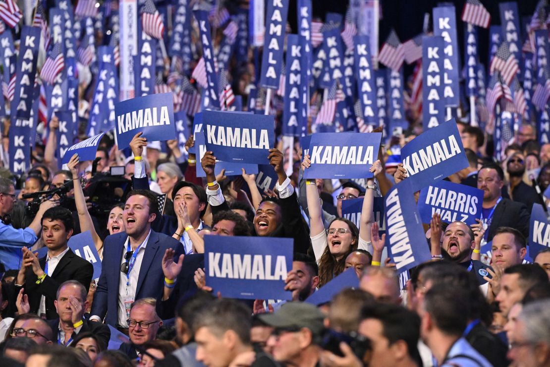 Delegates cheer as Kamala Harris speaks on the last day of the Democratic National Convention at the United Center in Chicago, Illinois, on August 22, 2024.