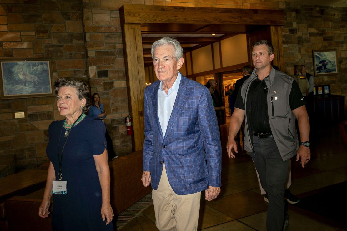 Jerome Powell arrives to a dinner at the Jackson Lake Lodge during the Jackson Hole economic symposium in Moran, Wyoming, on August 22.