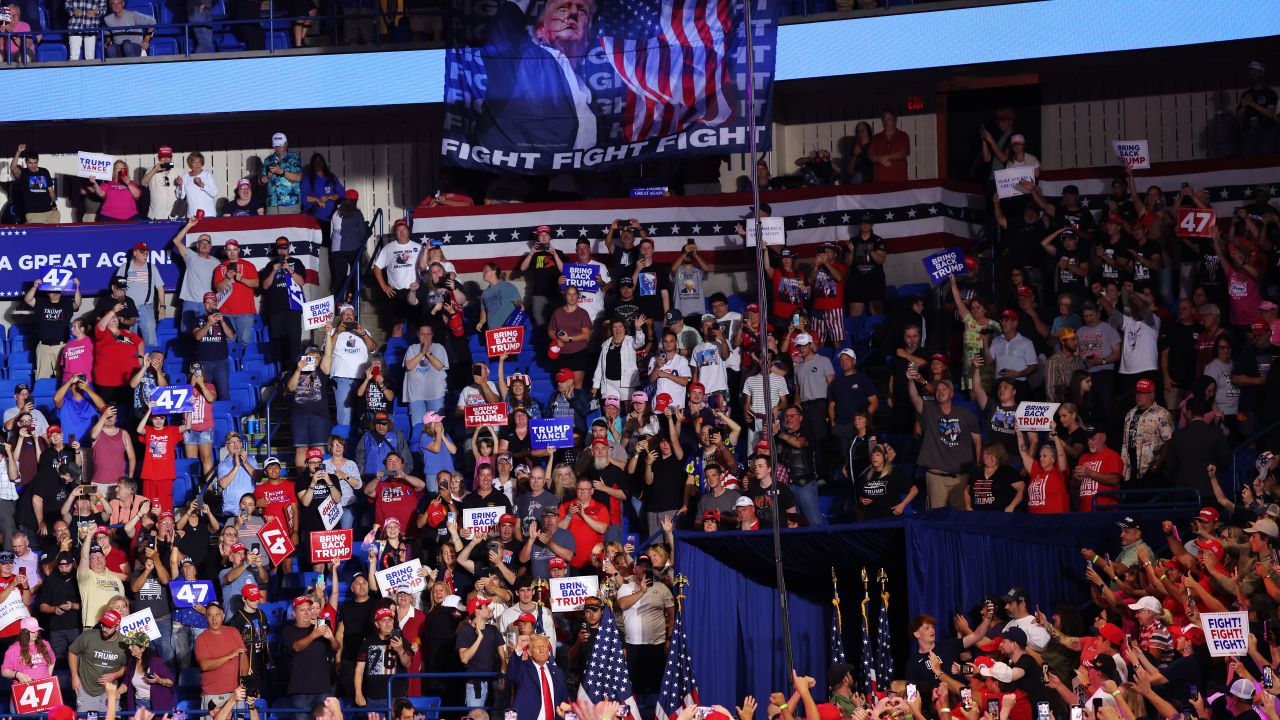 WILKES BARRE, PENNSYLVANIA - AUGUST 17: Republican Presidential Candidate former U.S. President Donald Trump pumps his fist after speaking during a campaign rally at Mohegan Sun Arena at Casey Plaza on August 17, 2024 in Wilkes Barre, Pennsylvania. Trump held a rally in the battleground state of Pennsylvania, a key swing state in the 2024 Presidential election against Democratic presidential candidate U.S. Vice President Kamala Harris.  (Photo by Michael M. Santiago/Getty Images)