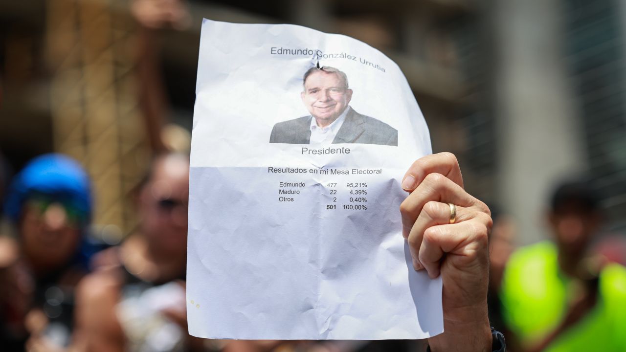 CARACAS, VENEZUELA - AUGUST 17: A supporter shows a paper with the face of the opposition Presidential candidate Edmundo Gonzalez Urrutia during the 'Gran Protesta Mundial por la Verdad' opposition protest on August 17, 2024 in Caracas, Venezuela. President of Venezuela Nicolas Maduro was declared as the winner of the 2024 presidential election over his rival, Edmundo Gonzalez. The result has been questioned by the opposition and internationally. According to the opposition leader Maria Corina Machado, the result announced by the 'Consejo Nacional Electoral' (CNE) does not reflect the decision made by the Venezuelans during the election. (Photo by Jesus Vargas/Getty Images)