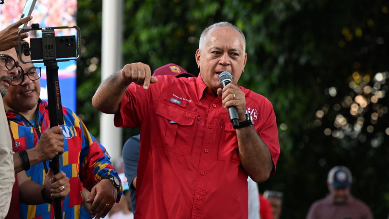 CARACAS, VENEZUELA - AUGUST 17: Deputy of the National Assembly Diosdado Cabello speaks to the supporters during the 'Gran Marcha Mundial por la Paz' supporting incumbent President of Venezuela Nicolas Maduro on August 17, 2024 in Caracas, Venezuela. President Maduro was declared as the winner of the 2024 presidential election over his rival, Edmundo Gonzalez. The result has been questioned by the opposition and internationally. According to the opposition leader Maria Corina Machado, the result announced by the 'Consejo Nacional Electoral' (CNE) does not reflect the decision made by the Venezuelans during the election. (Photo by Alfredo Lasry R/Getty Images)