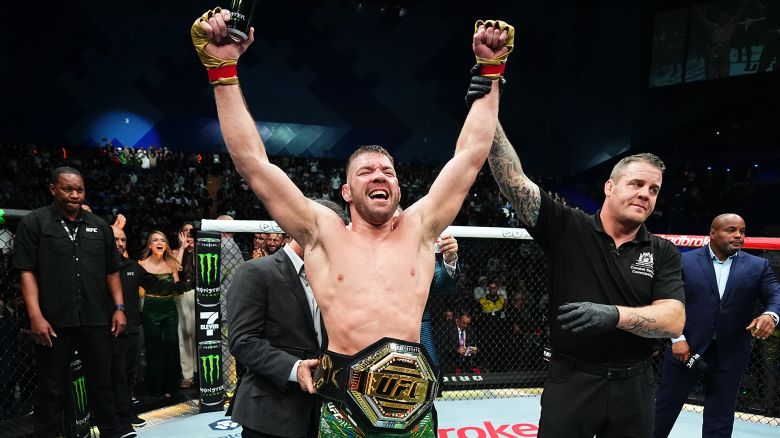 PERTH, AUSTRALIA - AUGUST 18: Dricus Du Plessis of South Africa reacts after his submission victory against Israel Adesanya of Nigeria in the UFC middleweight championship fight during the UFC 305 event at RAC Arena on August 18, 2024 in Perth, Australia. (Photo by Jeff Bottari/Zuffa LLC)