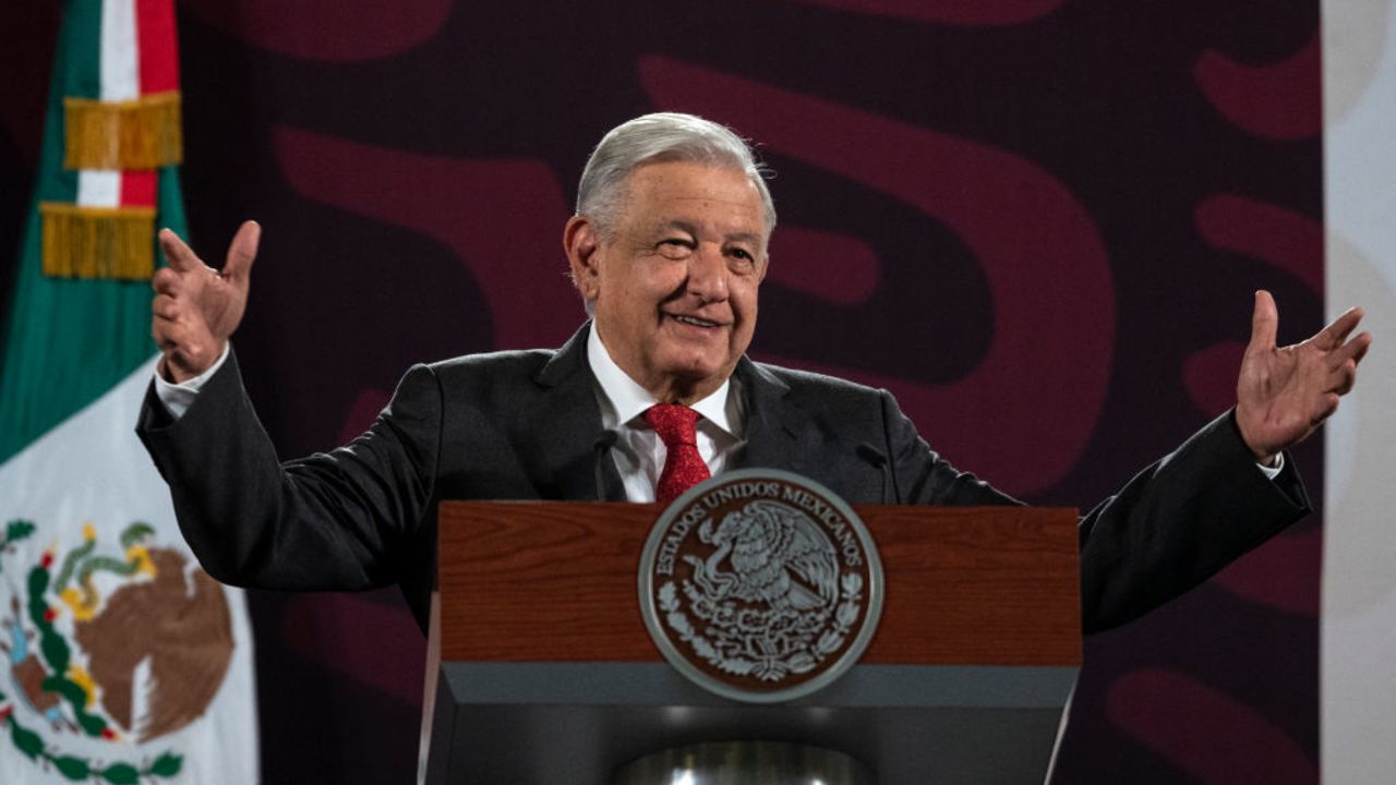 Mexico's President Andres Manuel Lopez Obrador gestures while speaking during his daily early morning press conference at the National Palace in Mexico City on August 23, 2024. Mexico sent a diplomatic note to the United States to protest the "interfering statement" of its ambassador, Ken Salazar, regarding the judicial reform being discussed in the country, informed President Andrés Manuel López Obrador this Friday. (Photo by Yuri CORTEZ / AFP) (Photo by YURI CORTEZ/AFP via Getty Images)