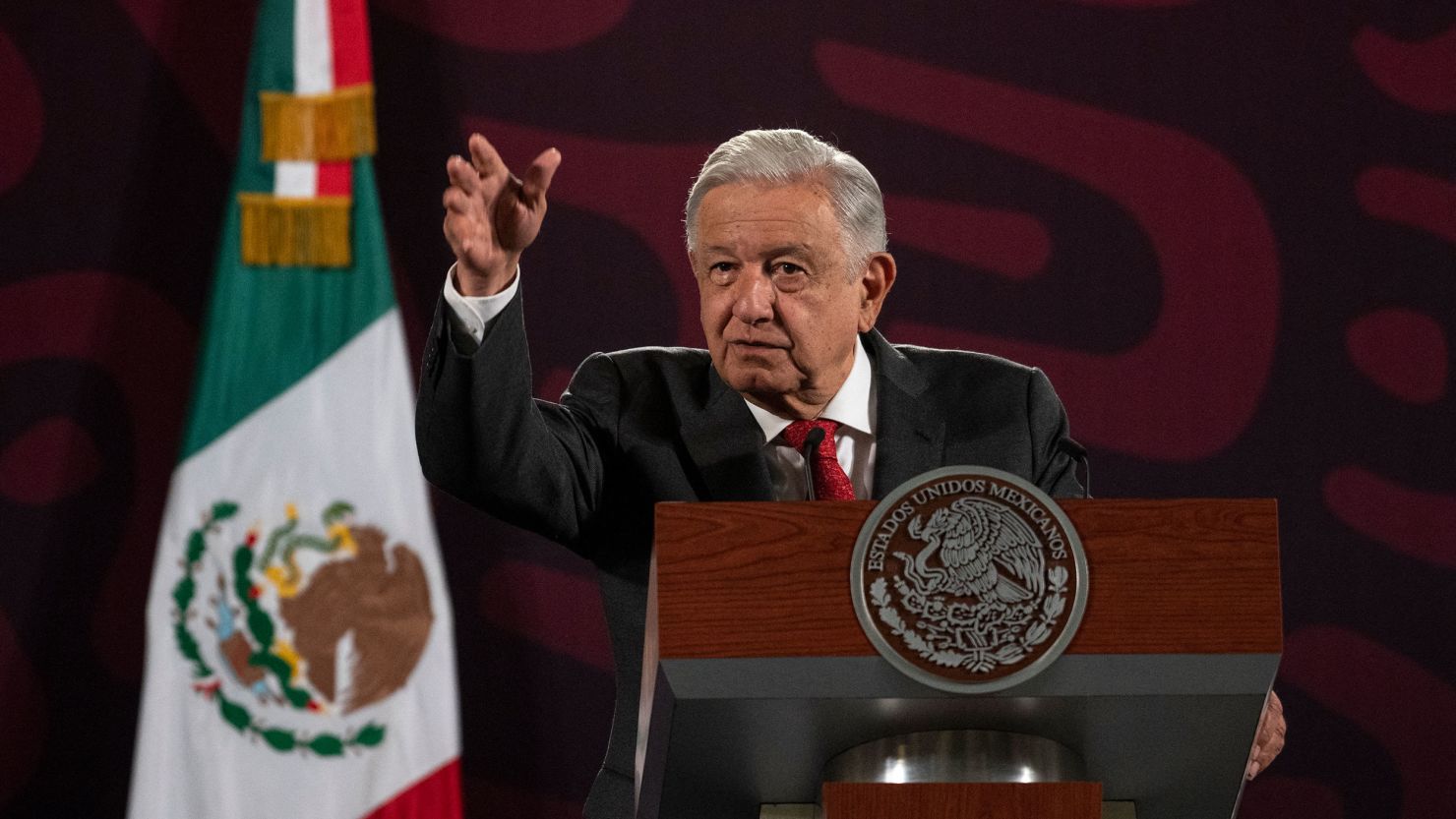 Mexico's President Andres Manuel Lopez Obrador gestures during his daily press conference at the National Palace in Mexico City on August 23, 2024.