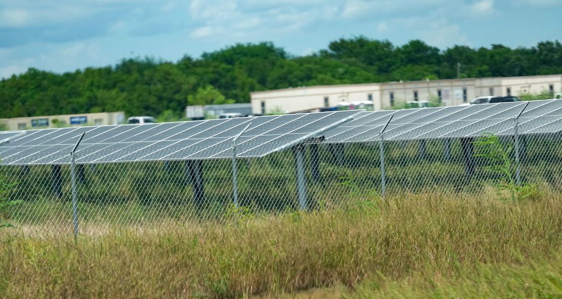 A solar farm built by Rosendin Electric is seen on August 14, 2024, in Liverpool, Texas.