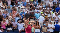 Aryna Sabalenka celebrates after defeating Jessica Pegula of the United States 6-3, 7-5 to win the women's championship of the Cincinnati Open at the Lindner Family Tennis Center on August 19, 2024 in Mason, Ohio.