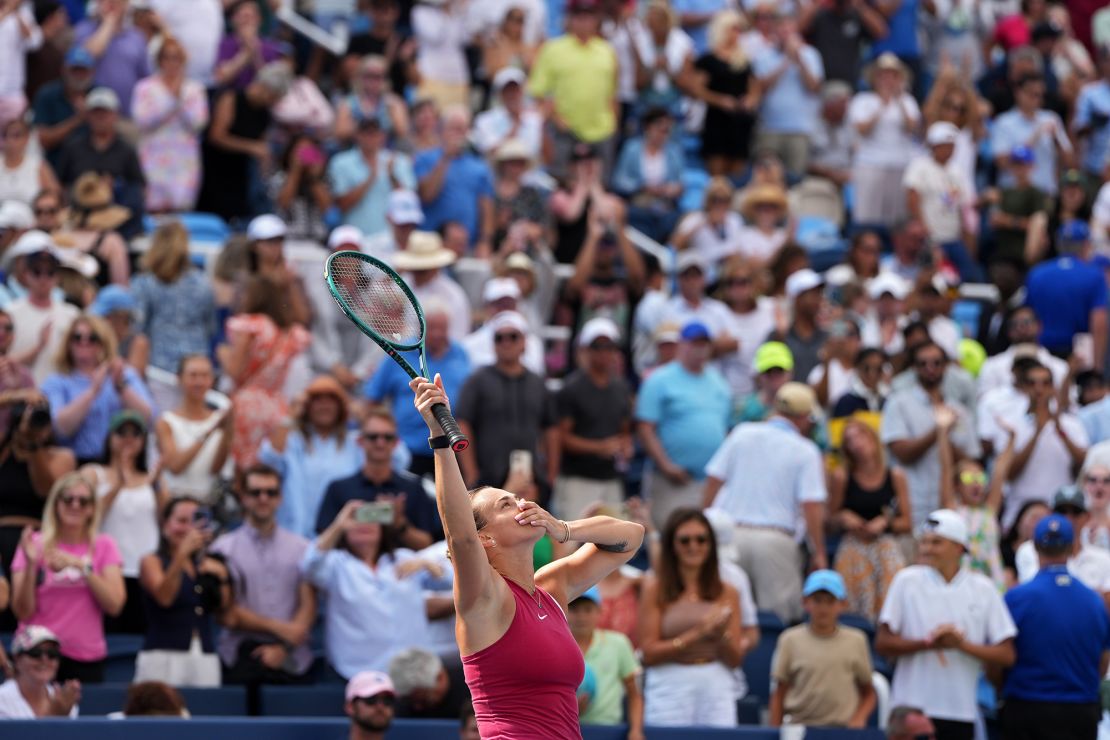 Sabalenka celebrates defeating Jessica Pegula in the Cincinnati Open final.