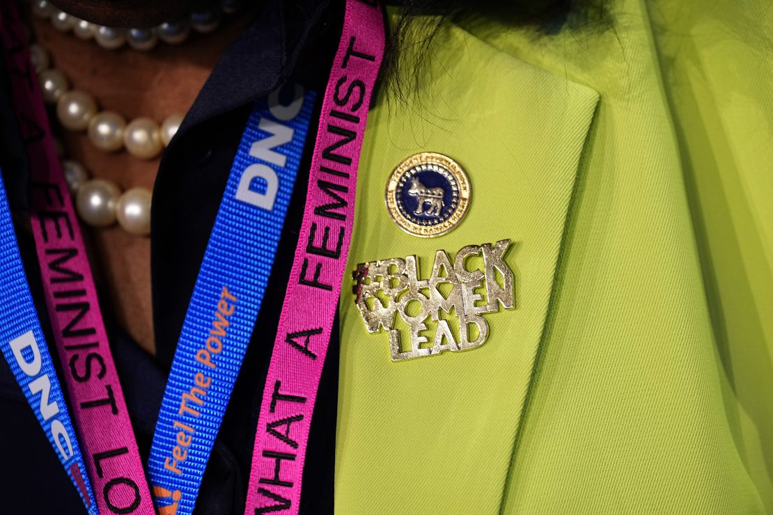 An attendee wears a "Black Women Lead" pin at the Democratic National Convention in Chicago on August 19, 2024.