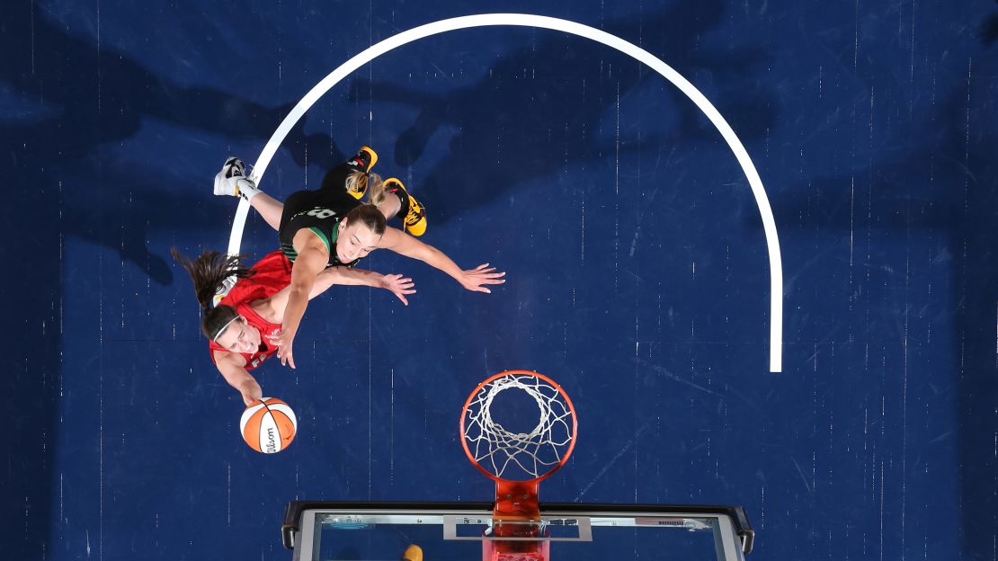 Caitlin Clark of the Indiana Fever goes to the basket during the game at Target Center in Minneapolis, Minnesota on August 24, 2024.