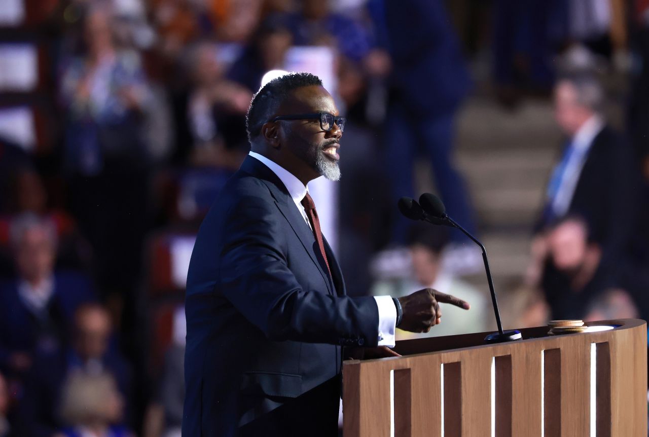 Chicago Mayor Brandon Johnson speaks at the Democratic National Convention on August 19 in Chicago.