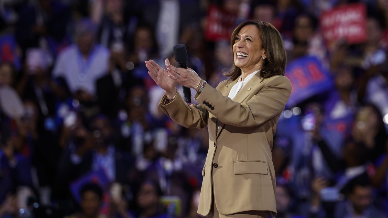 CHICAGO, ILLINOIS - AUGUST 19: Democratic presidential candidate, U.S. Vice President Kamala Harris speaks onstage during the first day of the Democratic National Convention at the United Center on August 19, 2024 in Chicago, Illinois.  Delegates, politicians, and Democratic party supporters are in Chicago for the convention, concluding with current Vice President Kamala Harris accepting her party's presidential nomination. The DNC takes place from August 19-22. (Photo by Kevin Dietsch/Getty Images)