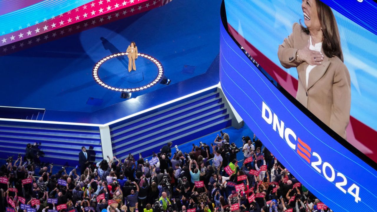 CHICAGO, ILLINOIS - AUGUST 19: Democratic presidential candidate, U.S. Vice President Kamala Harris speaks onstage during the first day of the Democratic National Convention at the United Center on August 19, 2024 in Chicago, Illinois.  Delegates, politicians, and Democratic party supporters are in Chicago for the convention, concluding with current Vice President Kamala Harris accepting her party's presidential nomination. The DNC takes place from August 19-22. (Photo by Andrew Harnik/Getty Images)