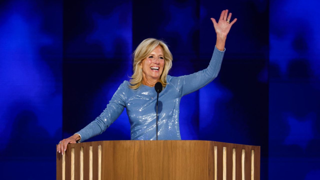 CHICAGO, ILLINOIS - AUGUST 19: First Lady Jill Biden speaks onstage during the first day of the Democratic National Convention at the United Center on August 19, 2024 in Chicago, Illinois.  Delegates, politicians, and Democratic party supporters are in Chicago for the convention, concluding with current Vice President Kamala Harris accepting her party's presidential nomination. The DNC takes place from August 19-22. (Photo by Chip Somodevilla/Getty Images)