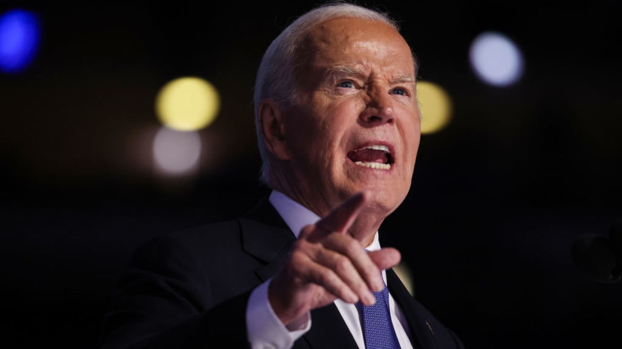 CHICAGO, ILLINOIS - AUGUST 19: U.S. President Joe Biden speaks onstage during the first day of the Democratic National Convention at the United Center on August 19, 2024 in Chicago, Illinois. Delegates, politicians, and Democratic party ers are in Chicago for the convention, concluding with current Vice President Kamala Harris accepting her party's presidential nomination. The DNC takes place from August 19-22. (Photo by Justin Sullivan/Getty Images)