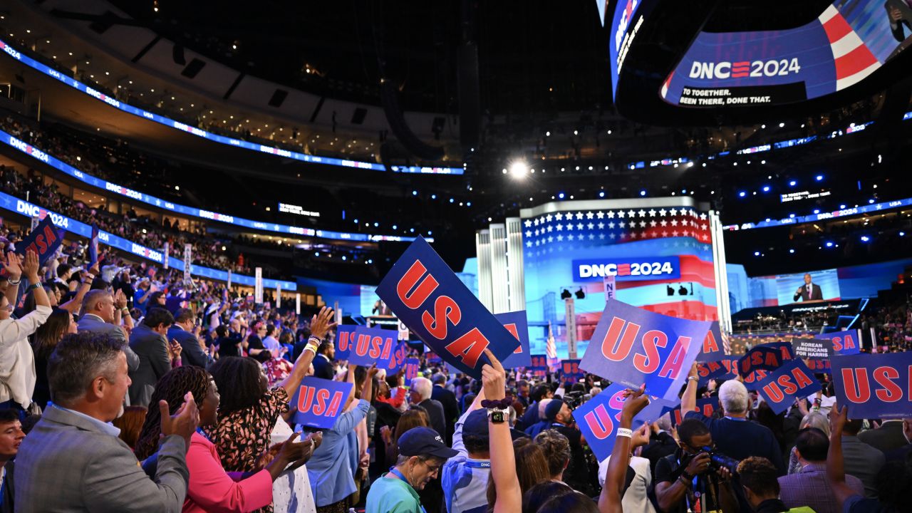 CHICAGO, ILLINOIS - AUGUST 21:  Attendees cheer as U.S. House Minority Leader Hakeem Jeffries (D-NY) speaks on stage during the third day of the Democratic National Convention at the United Center on August 21, 2024 in Chicago, Illinois. Delegates, politicians, and Democratic Party supporters are in Chicago for the convention, concluding with current Vice President Kamala Harris accepting her party's presidential nomination. The DNC takes place from August 19-22.   (Photo by Brandon Bell/Getty Images)